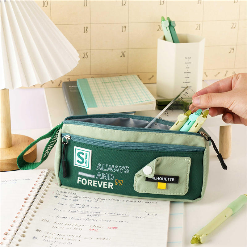 MK-7637 Green Handheld Pen Bag Canvas Pencil Bag Multi-functional Stationery Pocket 02