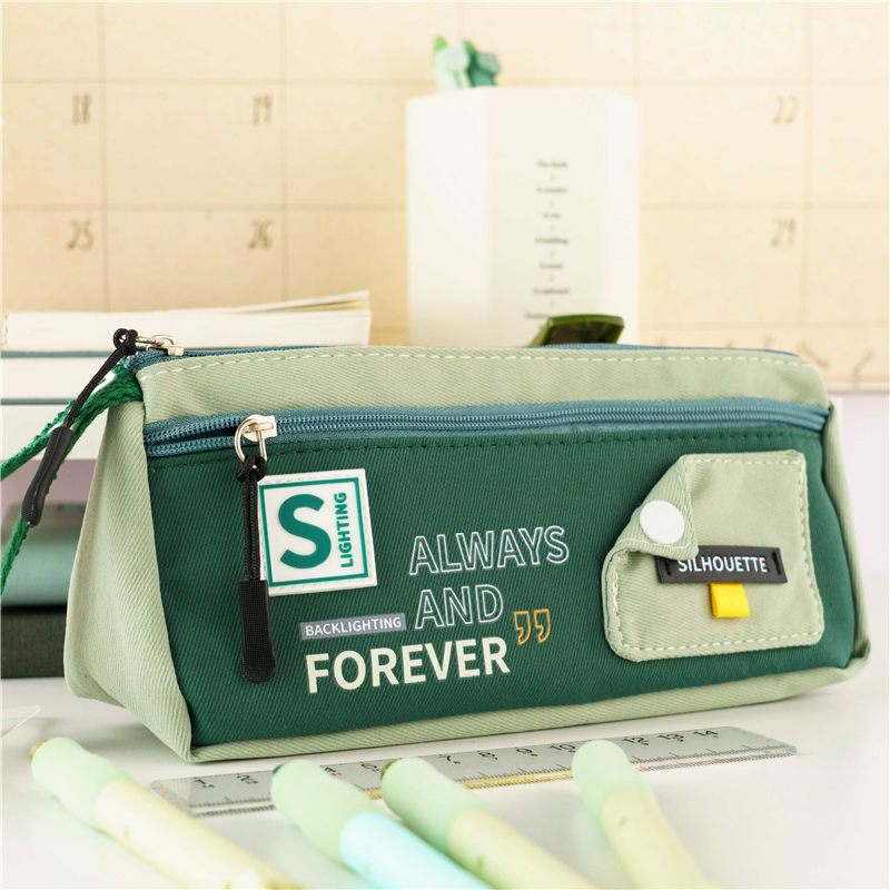 MK-7637 Green Handheld Pen Bag Canvas Pencil Bag Multi-functional Stationery Pocket 04