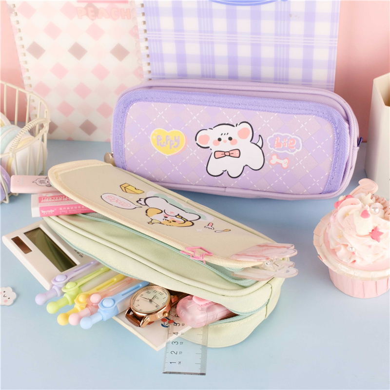 MK-7650 Zipper Stationery Pocket Double Pocket Pen Bag Canvas Pencil Bag 04