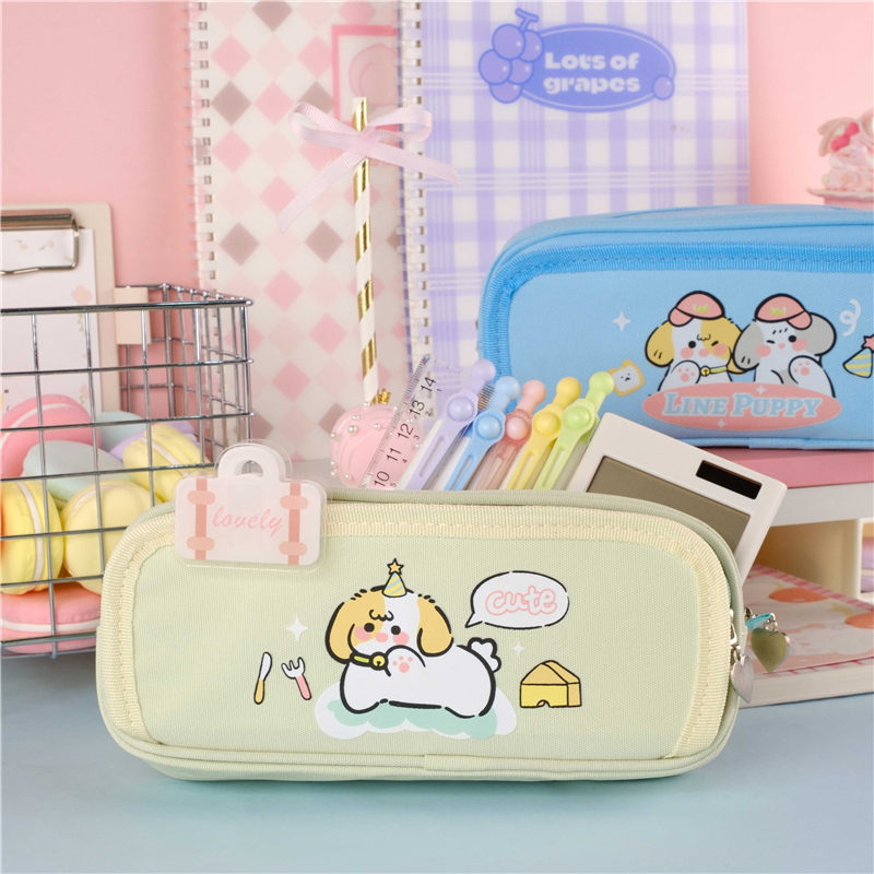 MK-7650 Zipper Stationery Pocket Double Pocket Pen Bag Canvas Pencil Bag 07