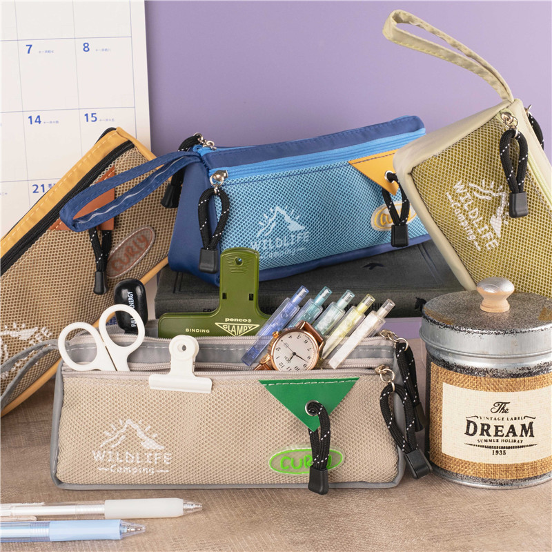 MK-7701 Handheld Canvas Pen Bag Double Layer Pencil Bag Multi-functional Stationery Pocket 02