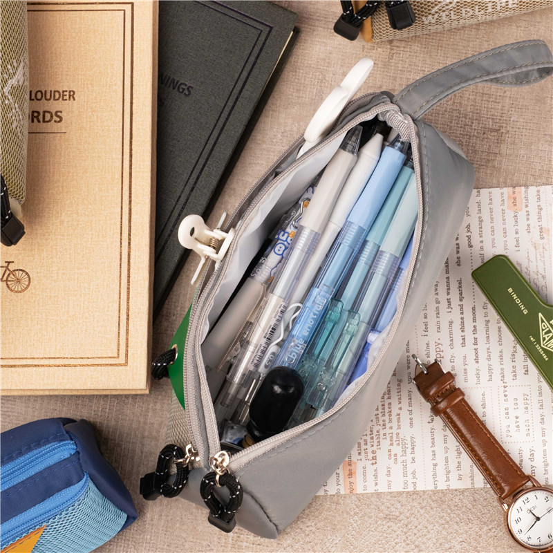 MK-7701 Handheld Canvas Pen Bag Double Layer Pencil Bag Multi-functional Stationery Pocket 04