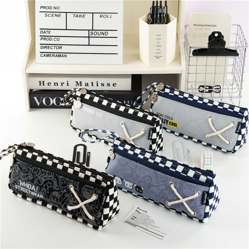 MK-7705 Handheld Canvas Pencil Bag Double Layer Pen Bag Schoolbag Stationery Pocket 01