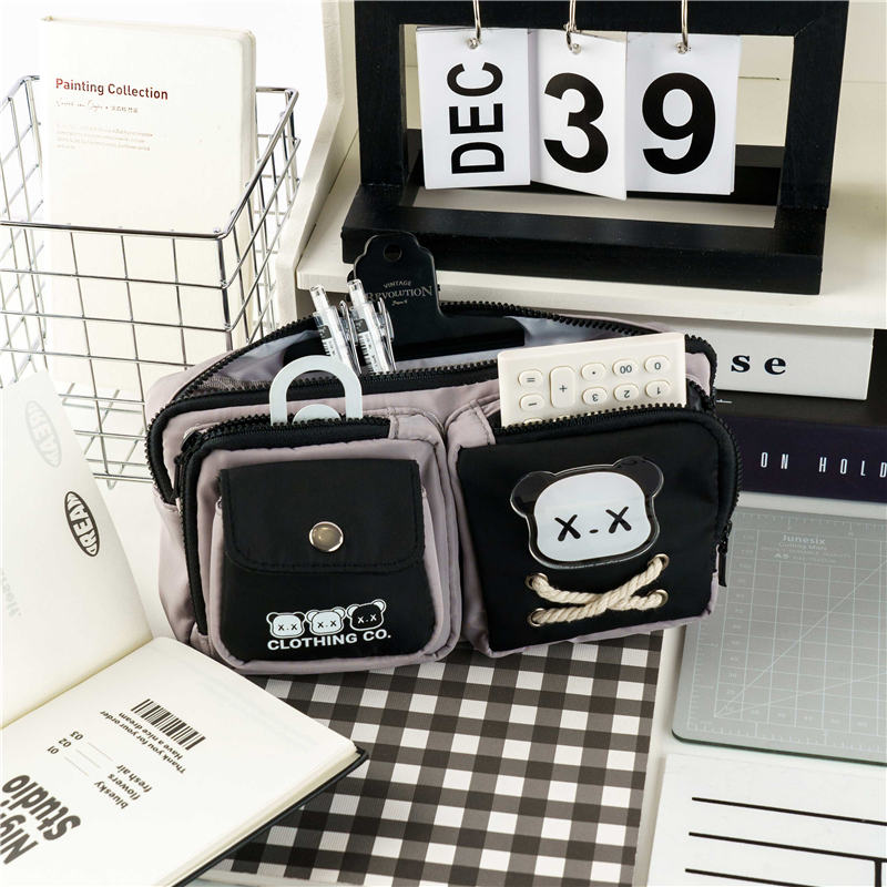 MK-7709 Handheld Canvas Pen Bag Double Pockets Pencil Bag Multi-functional Stationery Schoolbag 04