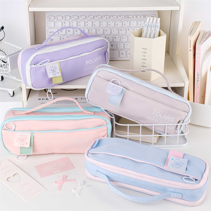 MK-7730 Handheld Pencil Bag Rectangle Double Layers Pen Bag Composite Cloth Stationery Pocket 06