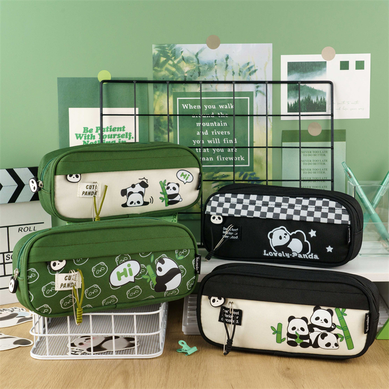 MK-7814 PANDA Rectangle Pen Bag Double Pockets Pencil Bag Oxford Stationery Pocket 02