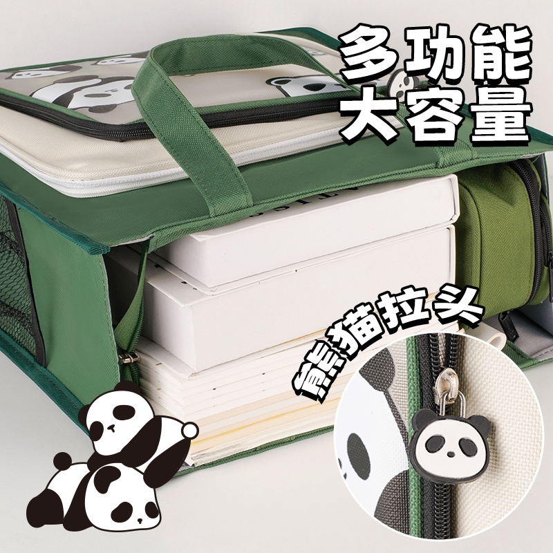 MK-7815 PANDA Curved Double Pocket Pencil Bag Oxford Stationery Pocket Study Pen Bag 04