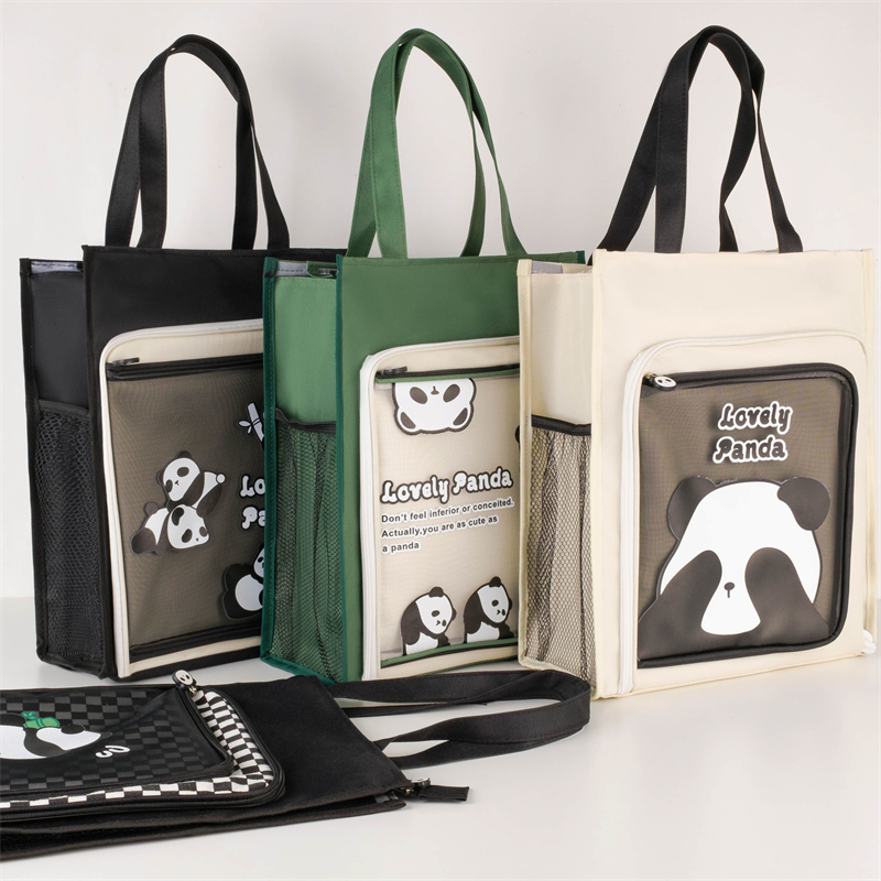 MK-7815 PANDA Curved Double Pocket Pencil Bag Oxford Stationery Pocket Study Pen Bag 09