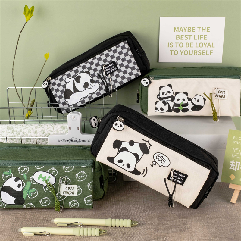 MK-7817 PANDA Front Zipper Pencil Bag Oxford Rectangle Pen Bag Pocket Stationery 09