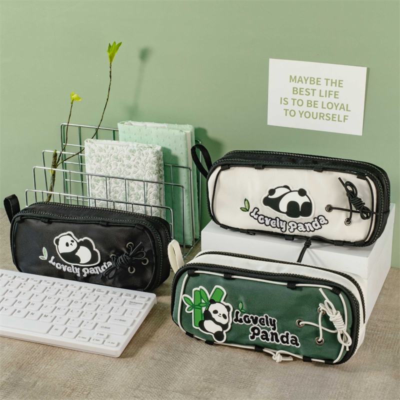 MK-7825 PANDA กระเป๋าดินสอ Double Zipper กระเป๋าปากกาแบบพกพากระเป๋าเครื่องเขียนทรงสี่เหลี่ยมผืนผ้า 04