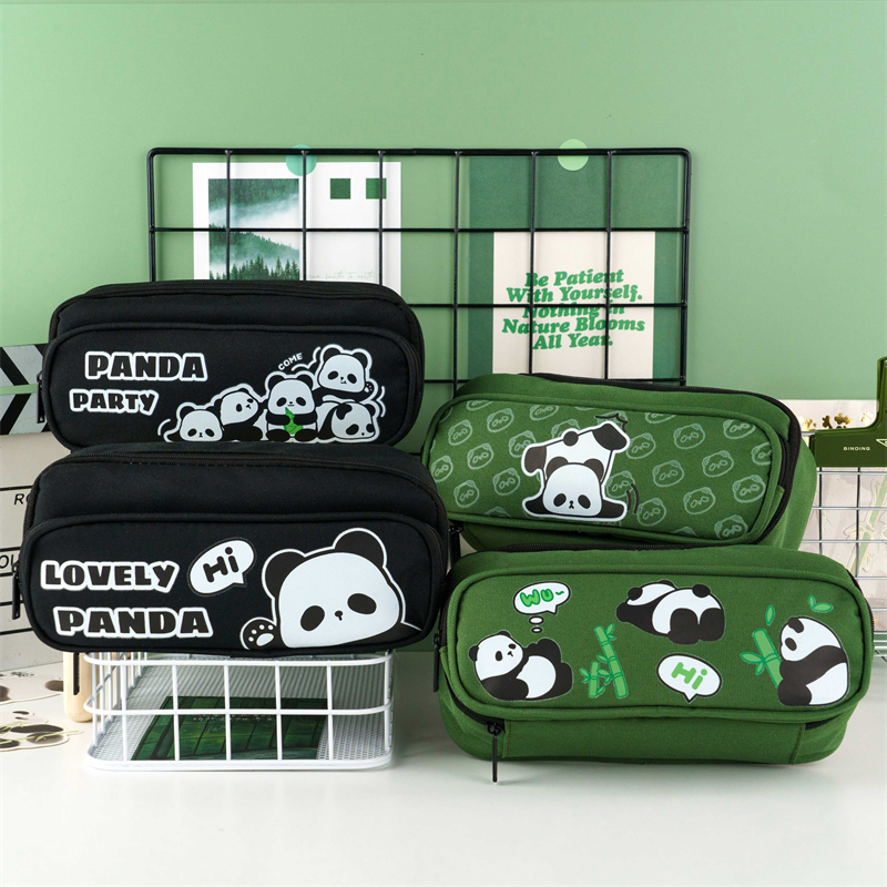 MK-7826 Panda Handheld Pencil Bag Oxford Double Layer Pen Bag Multi-Functional Stationery Pocket 02