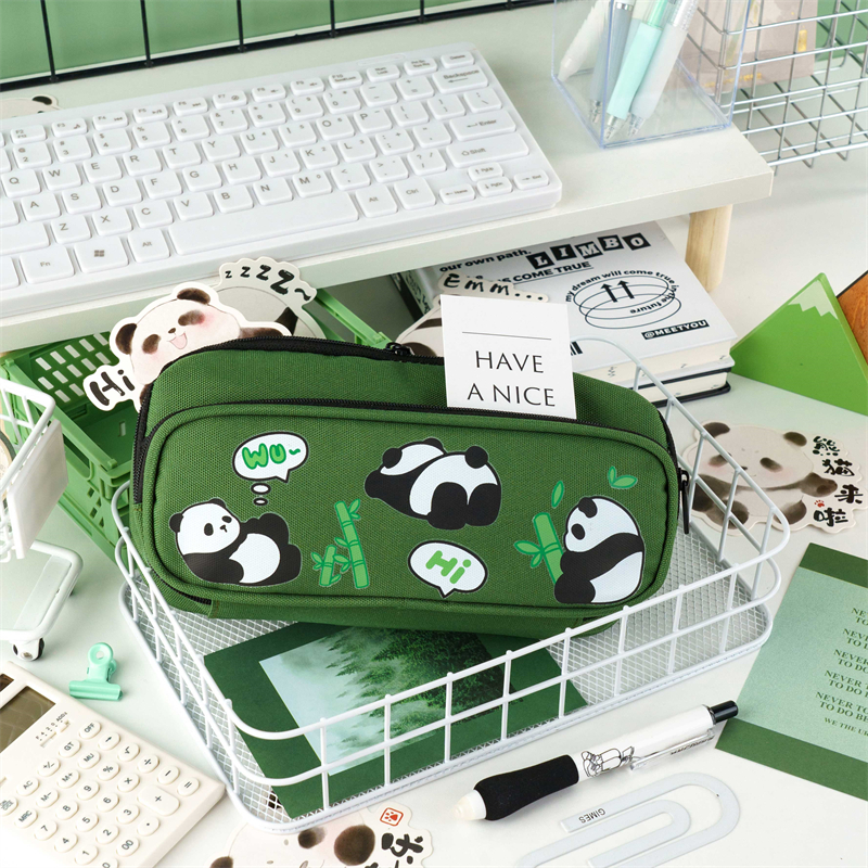 MK-7826 PANDA Handheld Pencil Bag Oxford Double Layer Pen Bag Portable Multi-functional Stationery Pocket 06