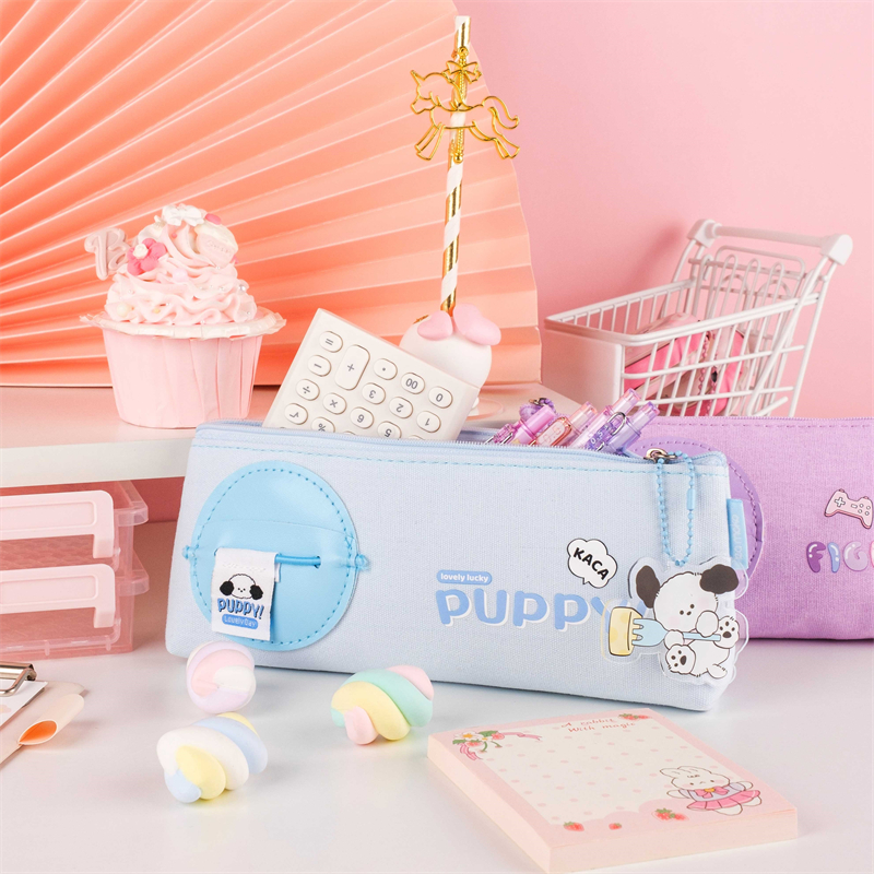 MK-7828 Big Triangle Pen Bag Three Layer Rectangle Pencil Bag Canvas Cute Puppy Stationery Pocket 02