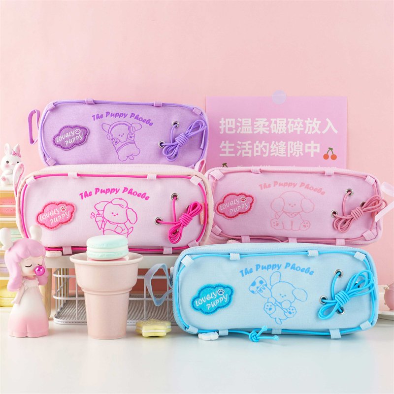 MK-7838 Double Zipper Pen Bag Dalawang Pocket Pencil Bag Puppy Canvas Stationery Schoolbag 09