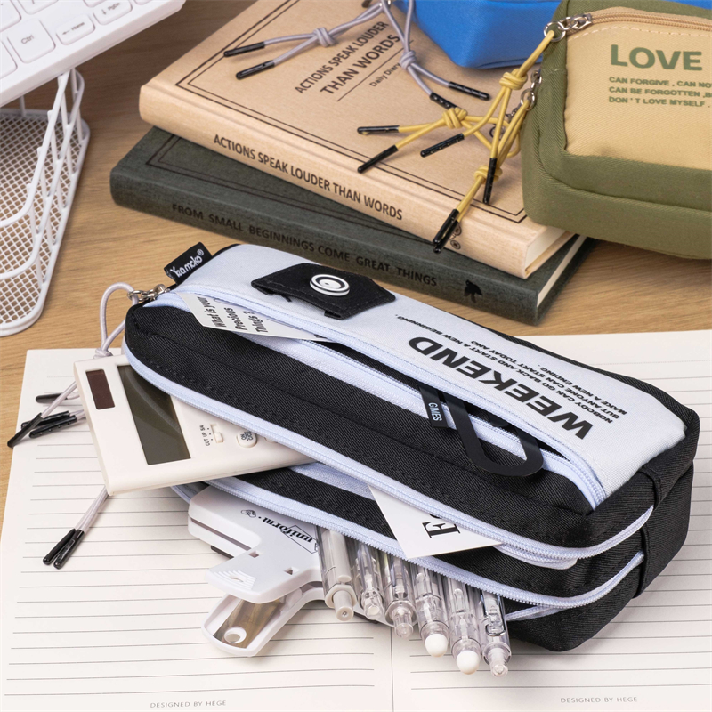 MK-7845 Three Zipper Stationery Pocket Square Pen Bag Canvas Pencil Bag School Study Bag 03