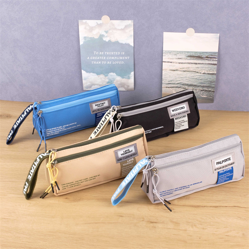 MK-7850 Handheld Double Pocket Pencil Bag Canvas Pen Bag Multi-functional Stationery Bag 09