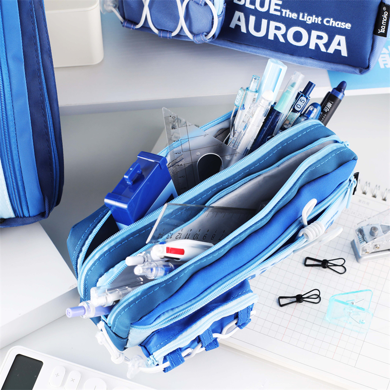 MK-8023 Three Zipper Stationery Pocket Square Pen Bag Canvas Pencil Bag 04