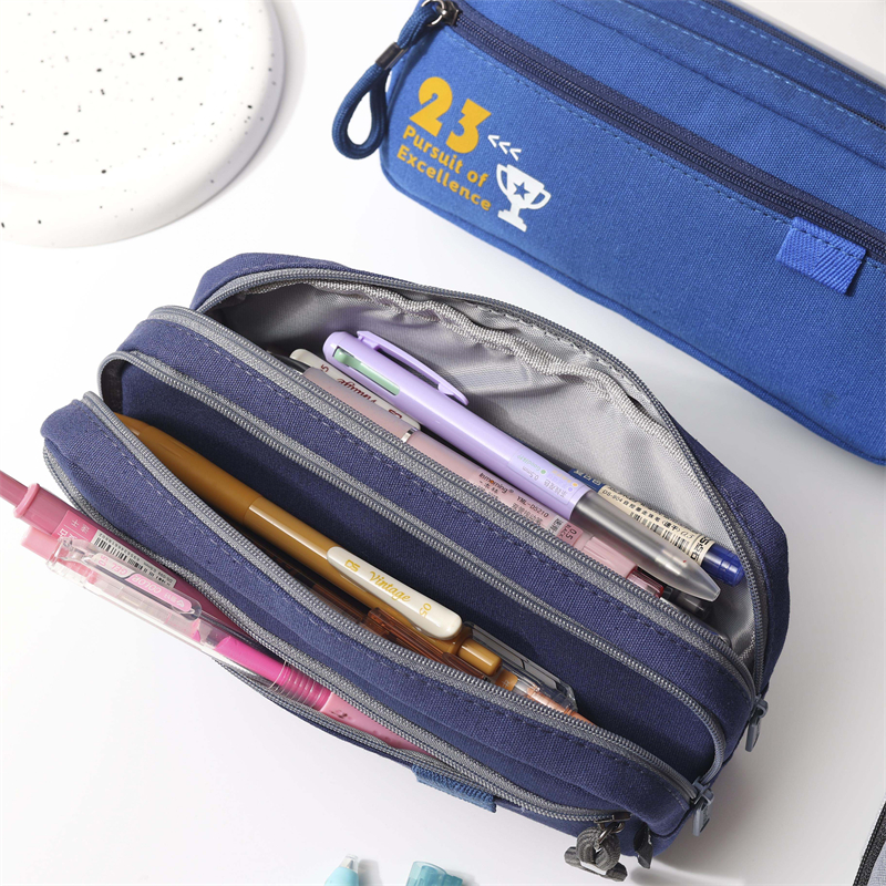 MK-8073 Three Zipper Pencil Bag Square Pen Bag Canvas Stationery Pocket School Study Pera 04