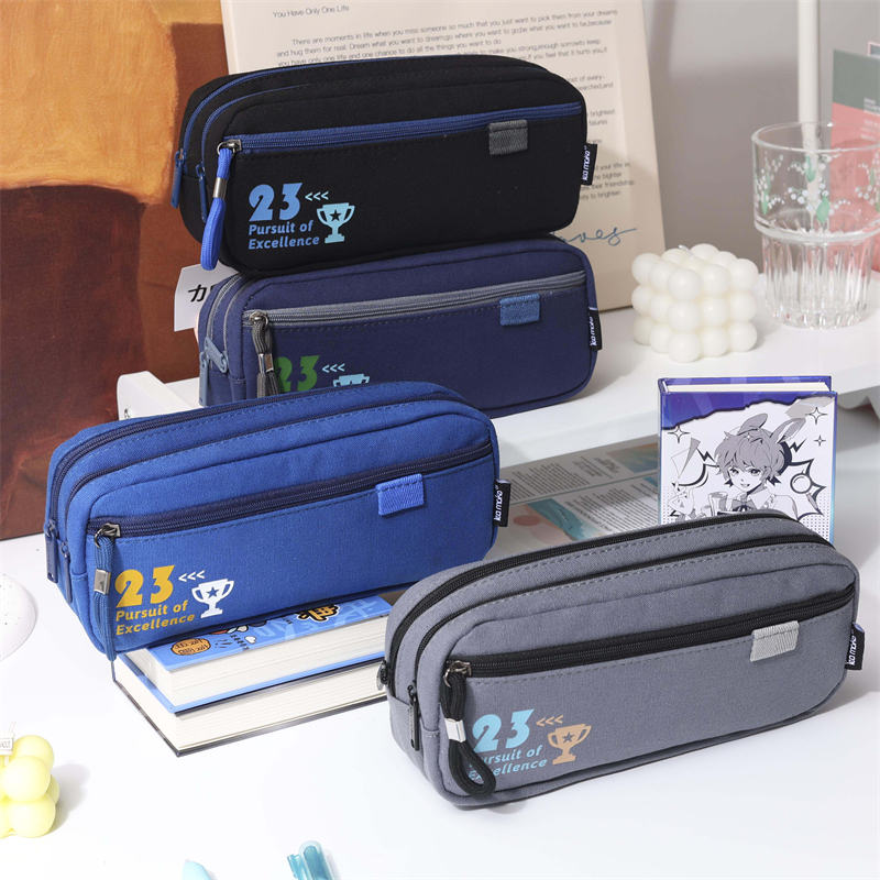 MK-8073 Three Zipper Pencil Bag Square Pen Bag Canvas Stationery Pocket School Study Bag 06