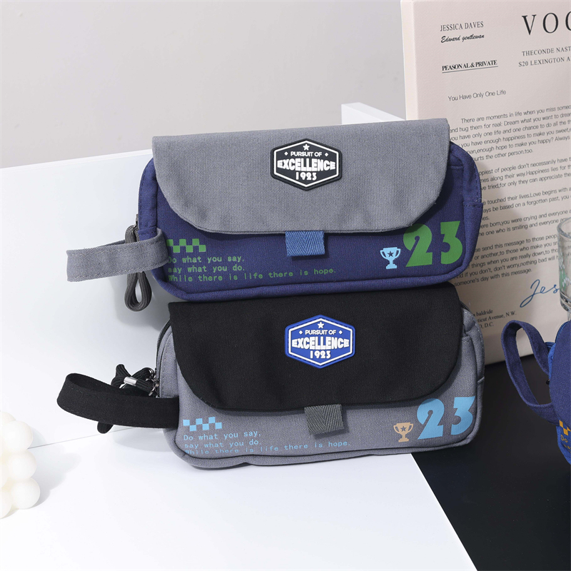 MK-8075 Handheld Double Zipper Pen Bag Flip Cover Canvas Pencil Bag Multi-functional Study Pocket 07