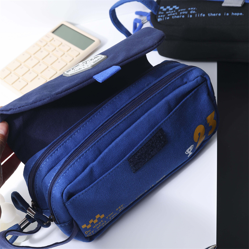 MK-8075 Handheld Double Zipper Pen Bag Flip Cover Canvas Pencil Bag Multi-functional Study Stationery Pocket 08