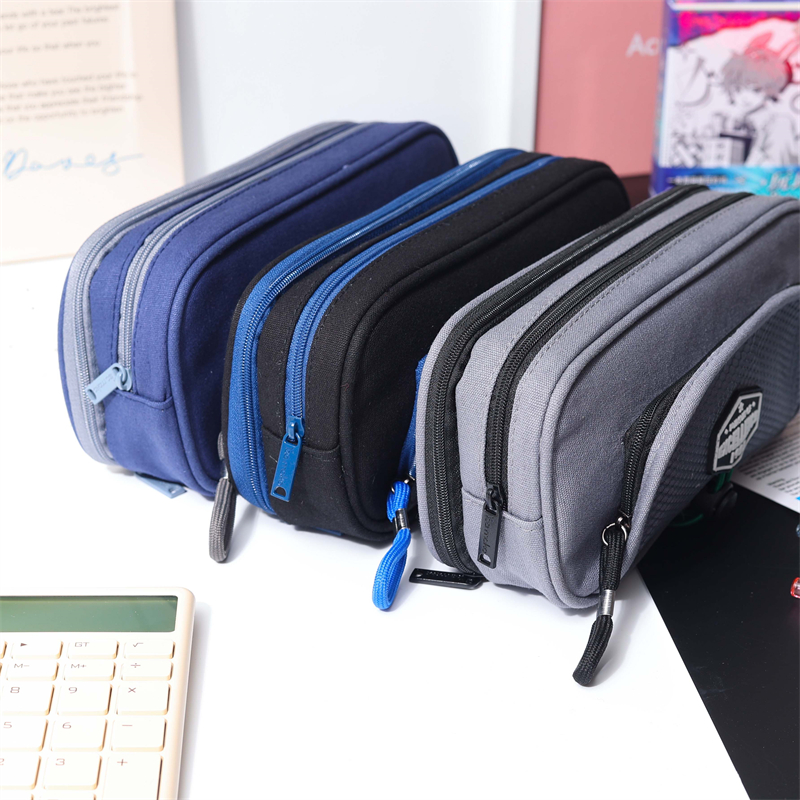 MK-8079 Front Curved Pen Bag Three Zipper Stationery Case Canvas Pencil Bag School Study Bag 01