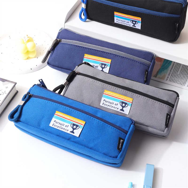 MK-8080 Double Triangle Pen Bag Three Zipper Stationery Case Canvas Pencil Bag School Study Bag 04