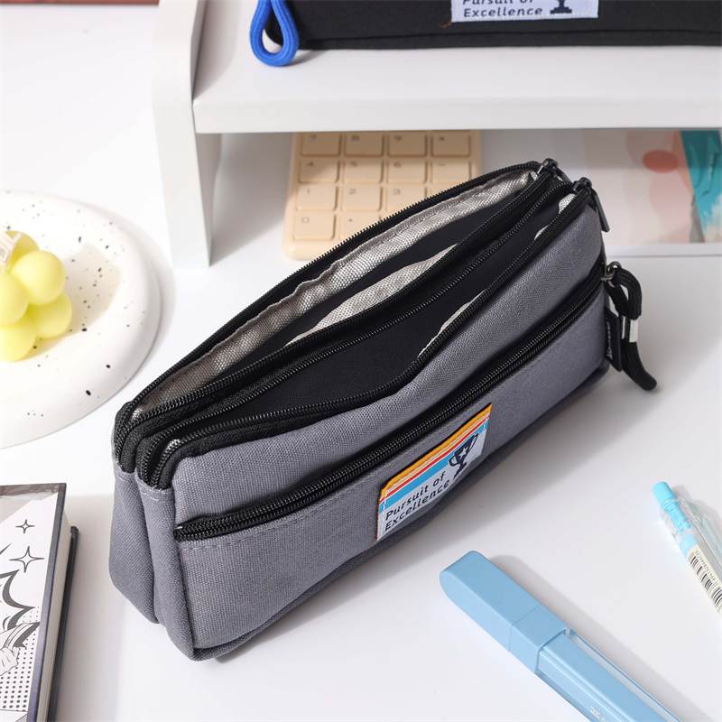 MK-8080 Double Triangle Pen Bag Three Zipper Stationery Case Canvas Penzura Bhegi reChikoro Chidzidzo Bag 09