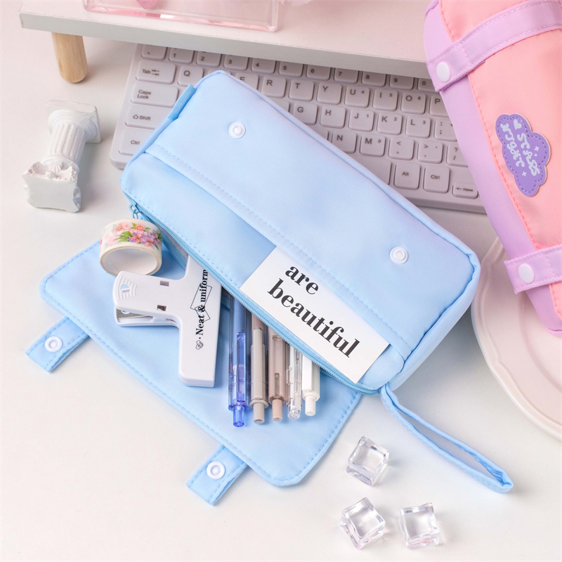 MK-8099 Square Canvas Pen Bag Double Pockets Pencil Bag Multi-functional Stationery Schoolbag 04