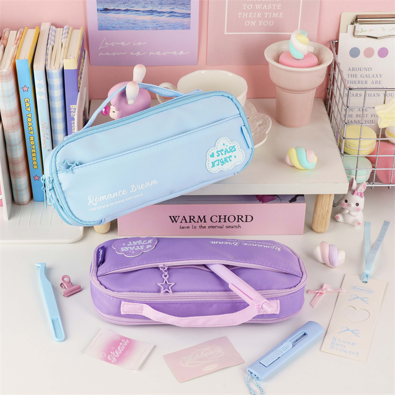 MK-8106 Handheld Ob Txheej Txheej Pen Hnab Canvas Square Pencil Bag Muti-functional Study Stationery Pocket 09