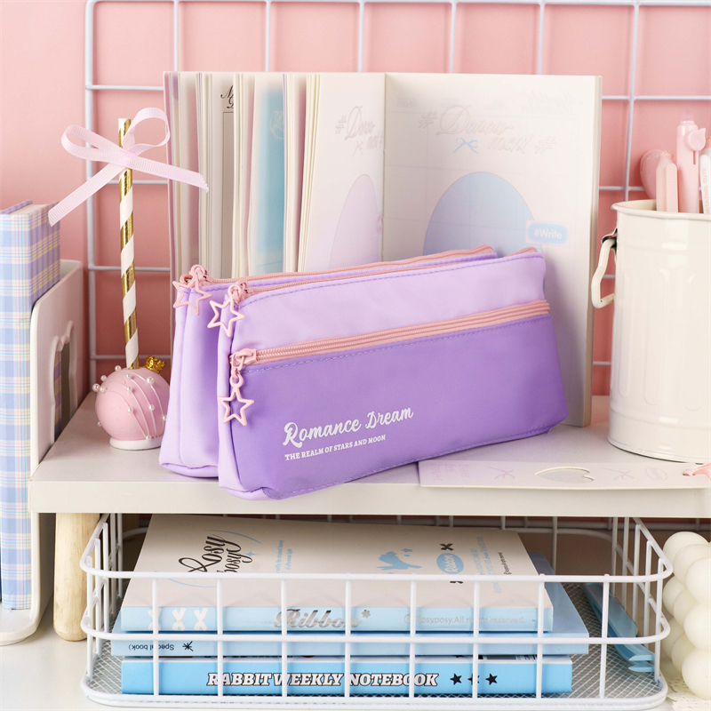 MK-8110 Double Triangle Pen Bag Three Zippers Pencil Bag Canvas Stationery Pocket Schoolbag Study Case 02