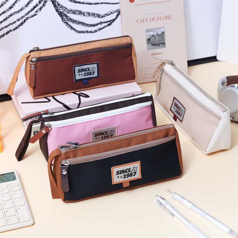 MK-8119 Handheld Pen Bag Double Layer Schoolbag Canvas Pencil Bag Muti-functional Study Stationery Pocket (9)