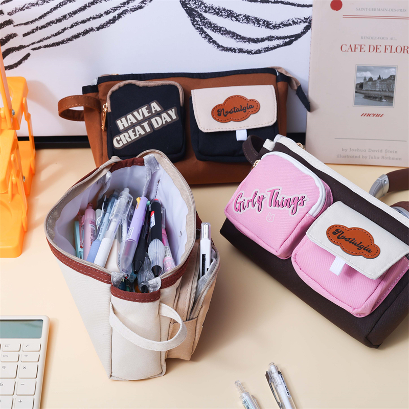 MK-8124 Double Pockets Pen Bag Big Capacity Pencil Bag Canvas Stationery Case School Study Bag 02