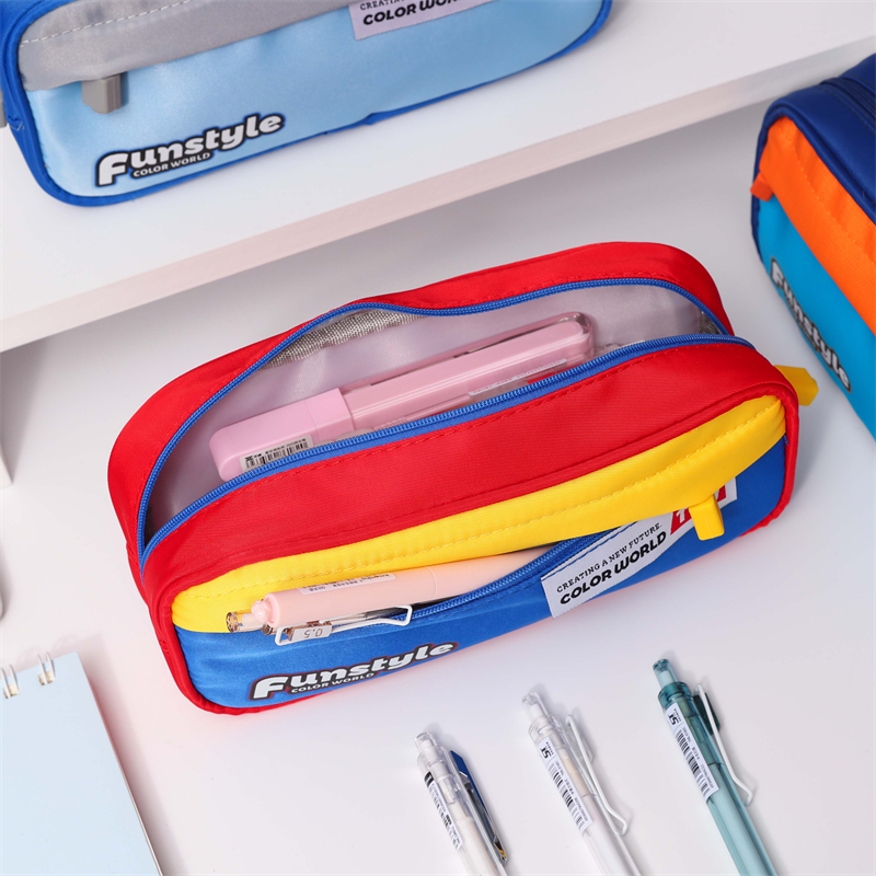 MK-8135 Square Pen Bag Double Pockets Stationery Case Canvas Pencil Bag School Study Bag 07