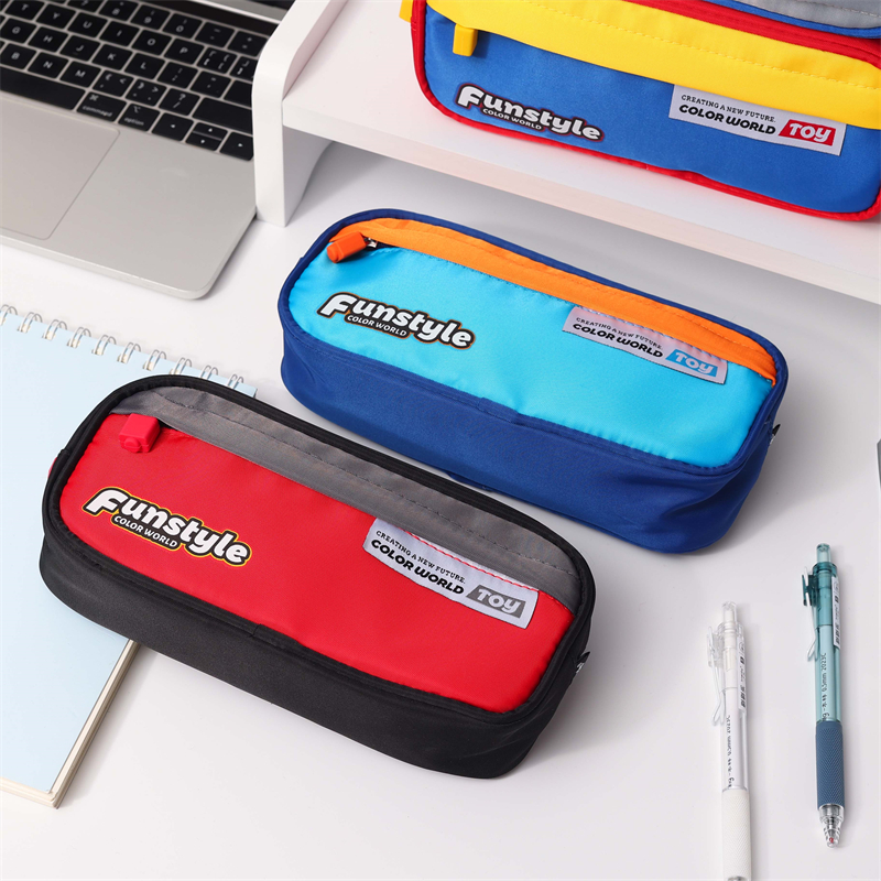 MK-8135 Square Pen Bag Double Pockets Stationery Case Canvas Pencil Bag School Study Bag 08