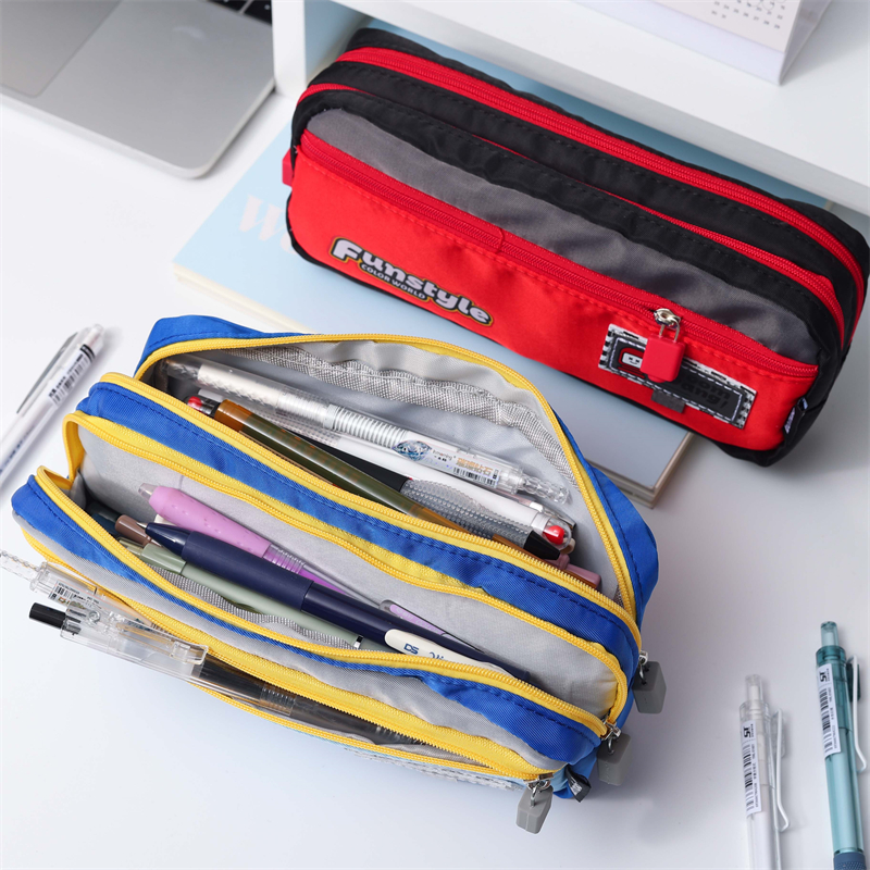 MK-8138 Square Pen Bag Three Zipper Stationery Case Canvas Pencil Bag School Study Bag 01