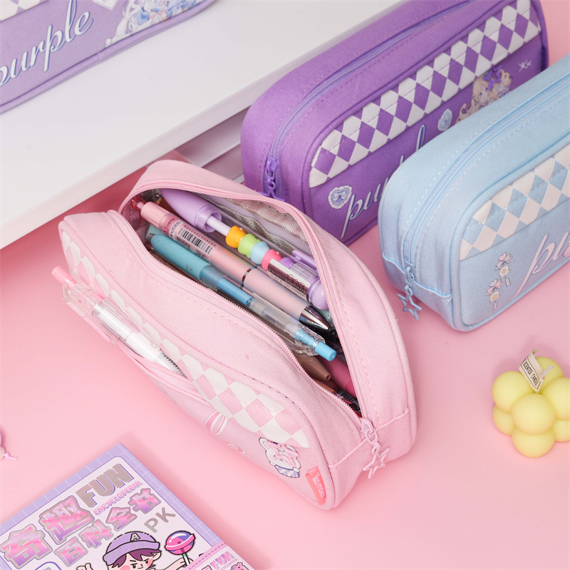 MK-8147 Square Pen Bag Double Pockets Stationery Case Canvas Pencil Bag School Study Bag 09