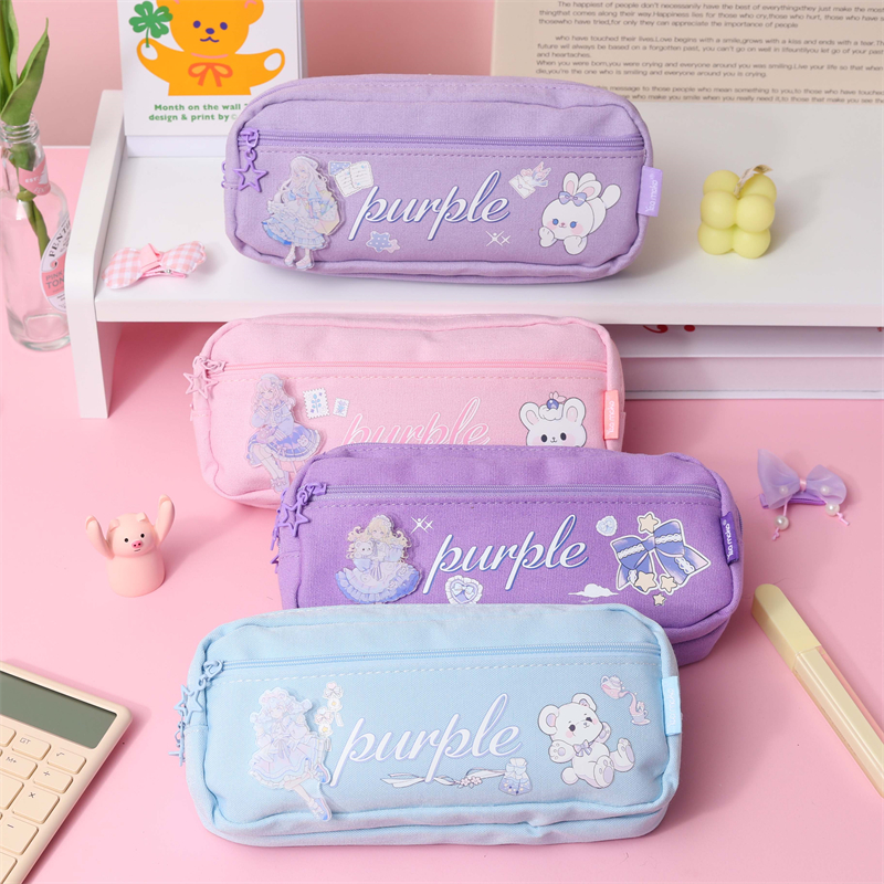 MK-8150 Square Pen Bag Three Zipper Stationery Case Canvas Pencil Bag Big Capaciy School Study Bag 04