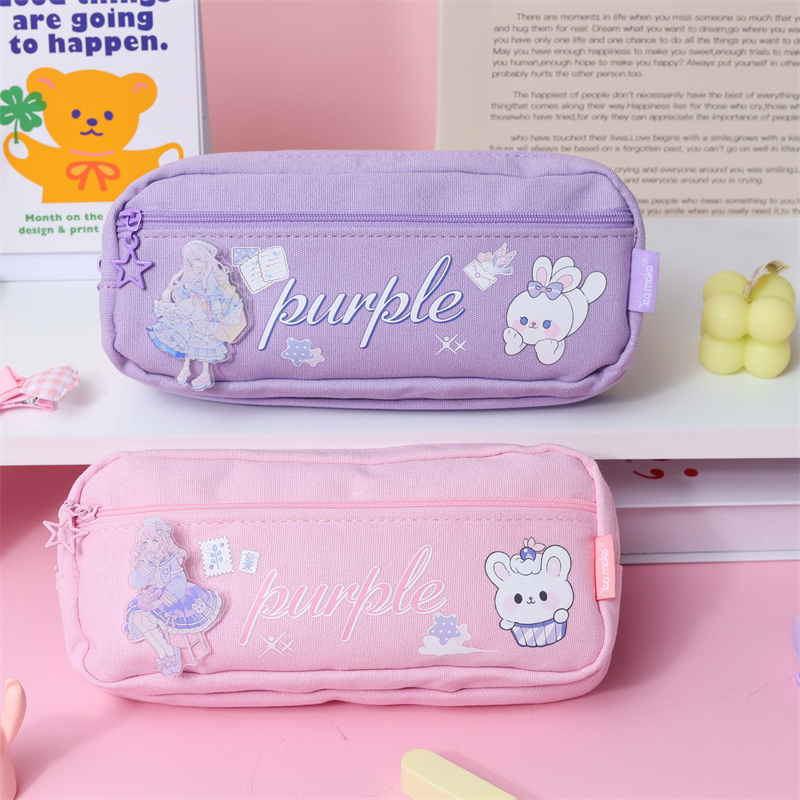 MK-8150 Square Pen Bag Three Zipper Stationery Case Canvas Pencil Bag Big Capaciy School Study Bag 05