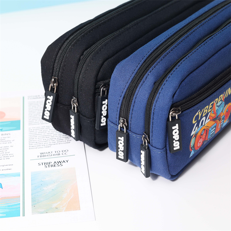 MK-8167 Çenteyê Pênûsa Çargoşeyî Çenteyê Xwendinê ya Dibistana Çenteyê Qelemê Canvas Kapasîteya Mezin Sê Zipper Case Stationery (3)