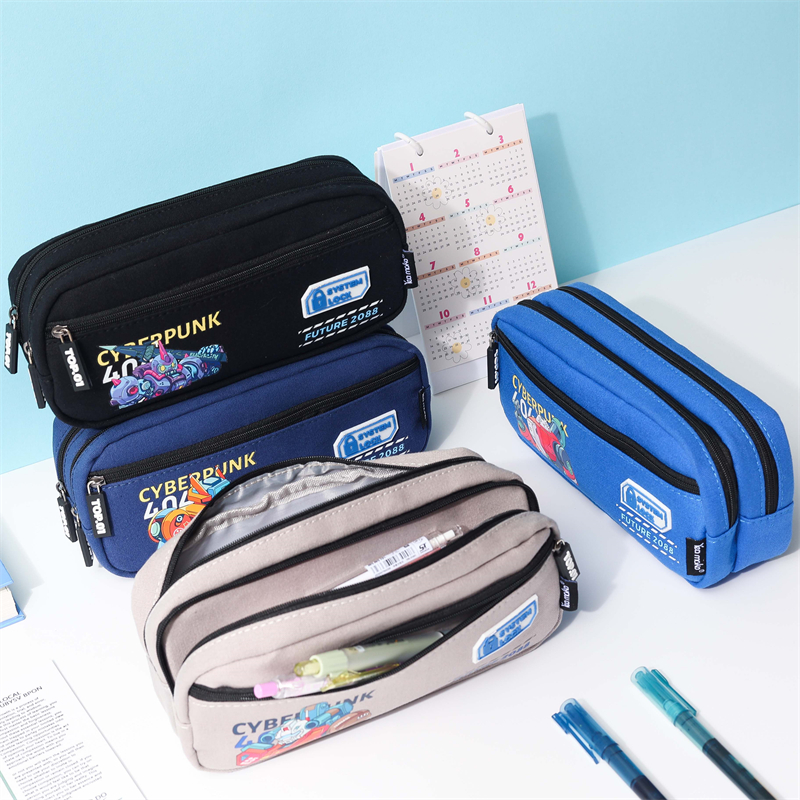 MK-8167 Square Pen Bag Three Zipper Stationery Case Hombe Capacity Canvas Penzura Bhegi Chikoro Chekudzidza Bag (8)