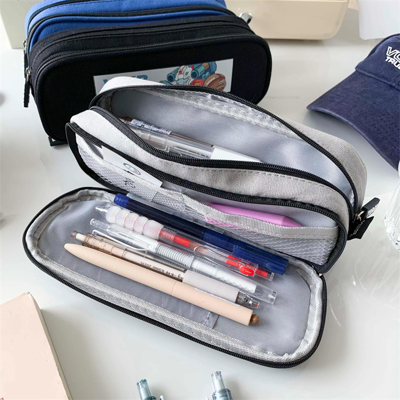 MK-8171 Double Zippers Pen Bag Canvas Pencil Bag Muti-functional Study Pocket (2)