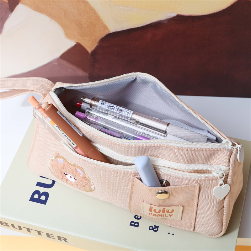 MK-8179 Handheld Pen Bag Double Layer Schoolbag Canvas Pencil Bag Muti-functional Study Stationery Pocket (3)