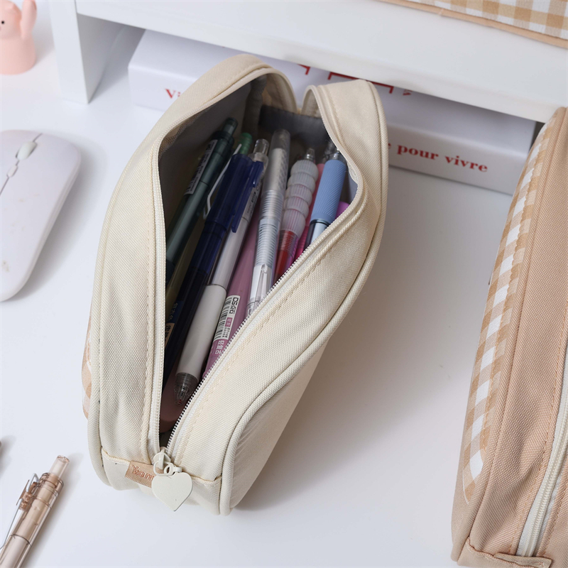 MK-8184 Square Pen Bag Double Pockets Stationery Case Canvas Pencil Bag School Study Bag (2)