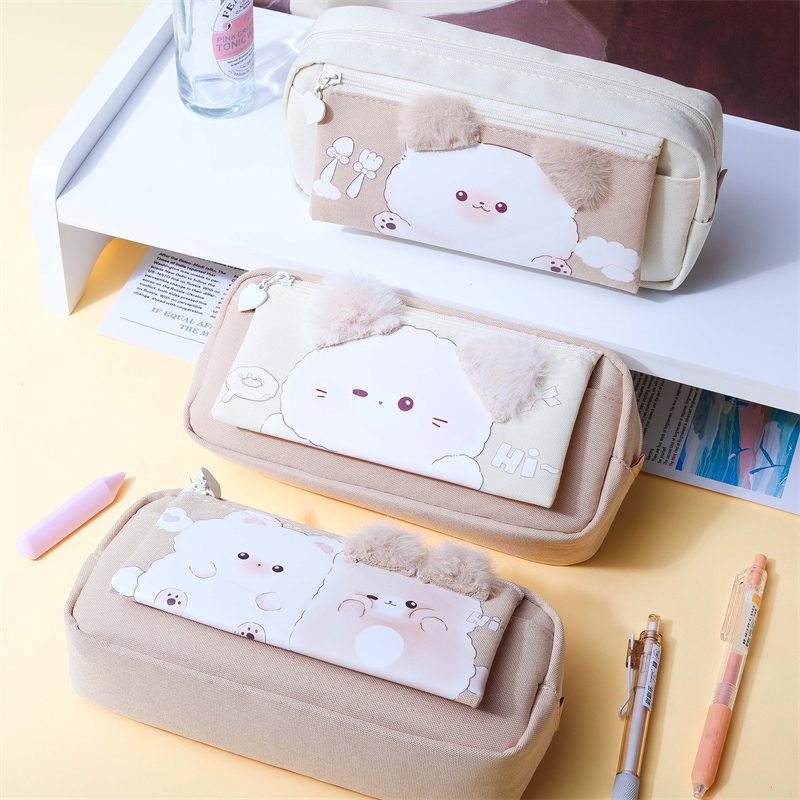 MK-8185 Square Pen Bag Double Pockets Stationery Case Canvas Pencil Bag School Study Bag (8)