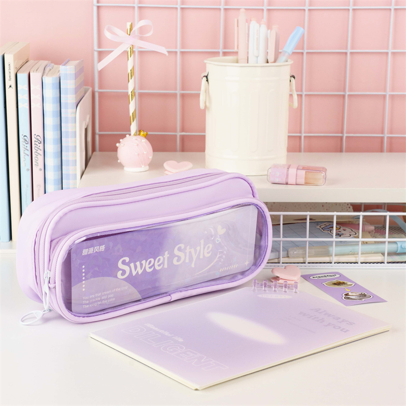 MK-8193 Canvas Pencil Bag Double Front Stationery Pocket Transparent Pen Bag Multi-functional Schoolbag 01