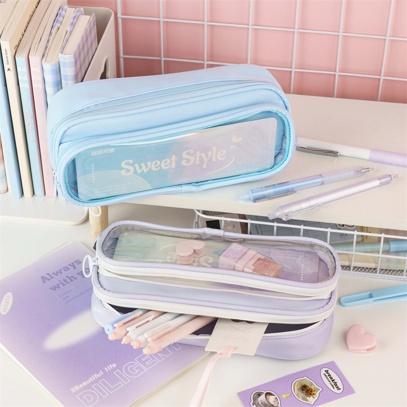 MK-8193 Canvas Penzura Bhegi Kaviri Mberi Stationery Homwe Transparent Pen Bag Multi-inoshanda Schoolbag 03