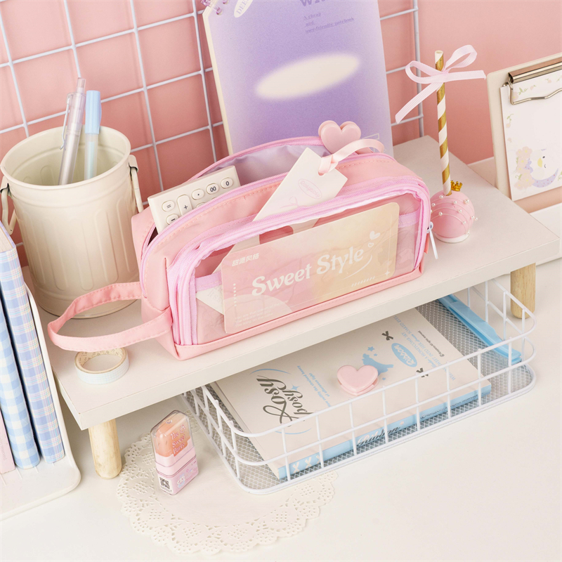 MK-8195 Handheld Pen Bag Canvas Schoolbag Yonyamula Transparent Big Capacity Big Pencil Bag Stationery Pocket 02