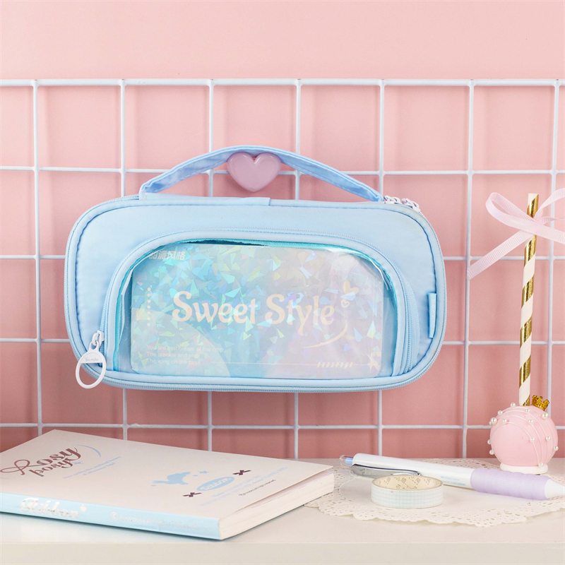 MK-8198 Handheld Pen Bag Canvas Schoolbag Big Capacity Pencil Bag Portable Transparent Stationery Pocket 01