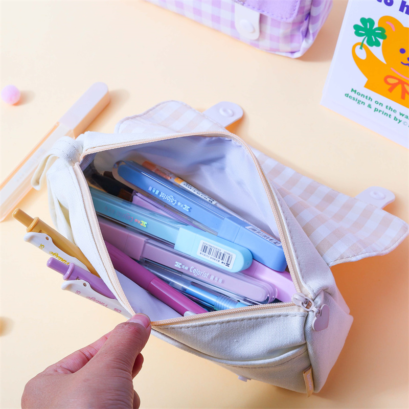 MK-8206 Handheld Double Layer Pen Bag Flip Cover Schoolbag Multifunctional Canvas Pencil Bag Study Stationery Pocket 06